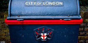 A blue bin in the City of London and close to where our massage agency is based