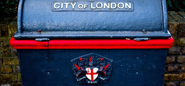 A blue bin in the City of London and close to where our massage agency is based