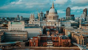 A camera shot of London during sunset