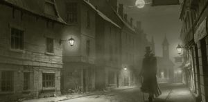 A portrait of Jack the Ripper walking down a street in London